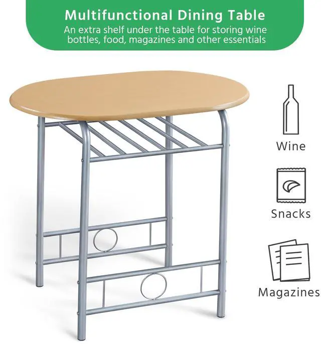 Alt view image 5 of 6 - 3 Piece Dining Table Set, Kitchen Table & Chair Sets for 2, Compact Bistro Table Set with Steel Legs, Built-in Wine Rack for Small Space, Apartment, Breakfast Nook, Natural