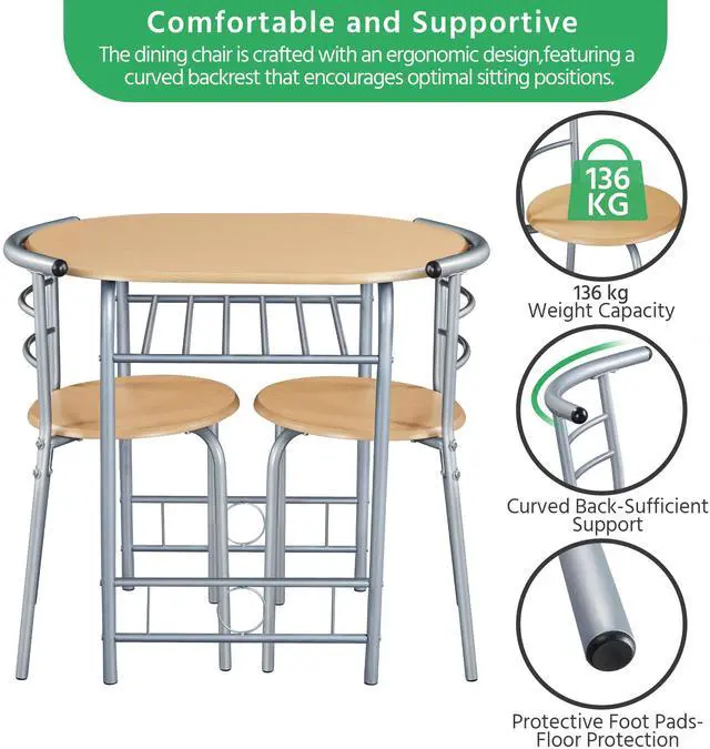 Alt view image 6 of 6 - 3 Piece Dining Table Set, Kitchen Table & Chair Sets for 2, Compact Bistro Table Set with Steel Legs, Built-in Wine Rack for Small Space, Apartment, Breakfast Nook, Natural