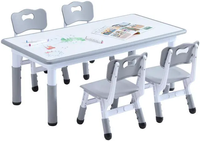 Main image of Kids Table and 4 Chairs Set, Height Adjustable Toddler Table and Chair Set, Toddler Desk with Graffiti Desktop & Non-Slip Legs, Children Activity Table for Daycare, Classroom (Grey)