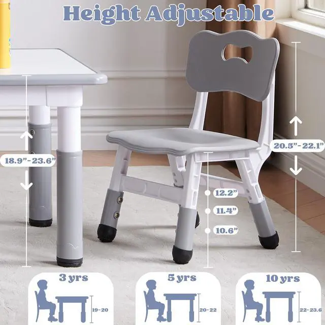 Alt view image 2 of 6 - Kids Table and 4 Chairs Set, Height Adjustable Toddler Table and Chair Set, Toddler Desk with Graffiti Desktop & Non-Slip Legs, Children Activity Table for Daycare, Classroom (Grey)