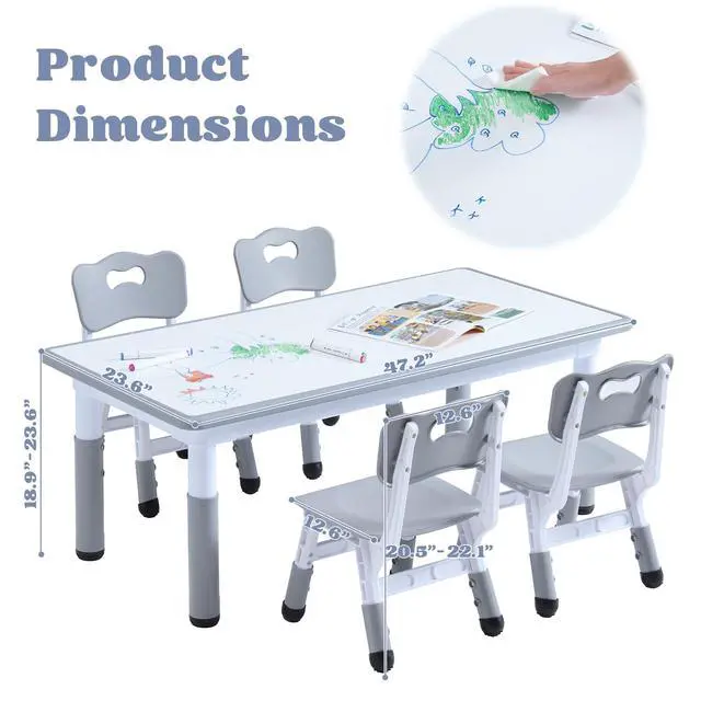 Alt view image 3 of 6 - Kids Table and 4 Chairs Set, Height Adjustable Toddler Table and Chair Set, Toddler Desk with Graffiti Desktop & Non-Slip Legs, Children Activity Table for Daycare, Classroom (Grey)