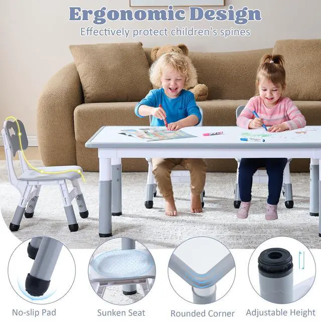 Alt view image 4 of 6 - Kids Table and 4 Chairs Set, Height Adjustable Toddler Table and Chair Set, Toddler Desk with Graffiti Desktop & Non-Slip Legs, Children Activity Table for Daycare, Classroom (Grey)