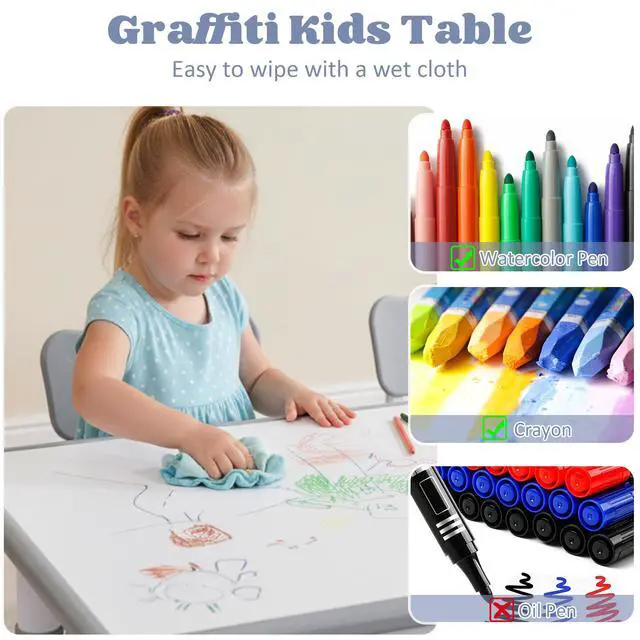 Alt view image 5 of 6 - Kids Table and 4 Chairs Set, Height Adjustable Toddler Table and Chair Set, Toddler Desk with Graffiti Desktop & Non-Slip Legs, Children Activity Table for Daycare, Classroom (Grey)