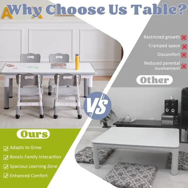 Alt view image 6 of 6 - Kids Table and 4 Chairs Set, Height Adjustable Toddler Table and Chair Set, Toddler Desk with Graffiti Desktop & Non-Slip Legs, Children Activity Table for Daycare, Classroom (Grey)