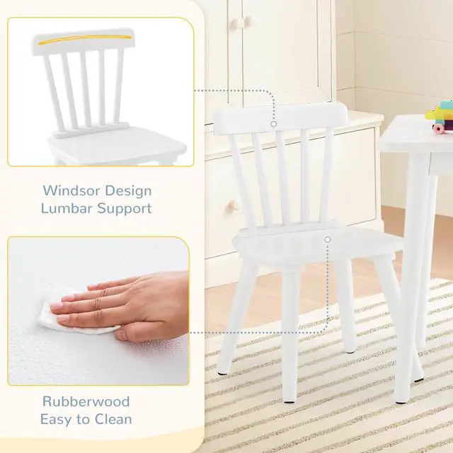 Alt view image 6 of 6 - Windsor Kids Table and 2 Chair Set, Rubberwood Toddler Table and Chair Set for Art, Play, Craft, Activity, with Non-Slip Legs Round Edge Design, White