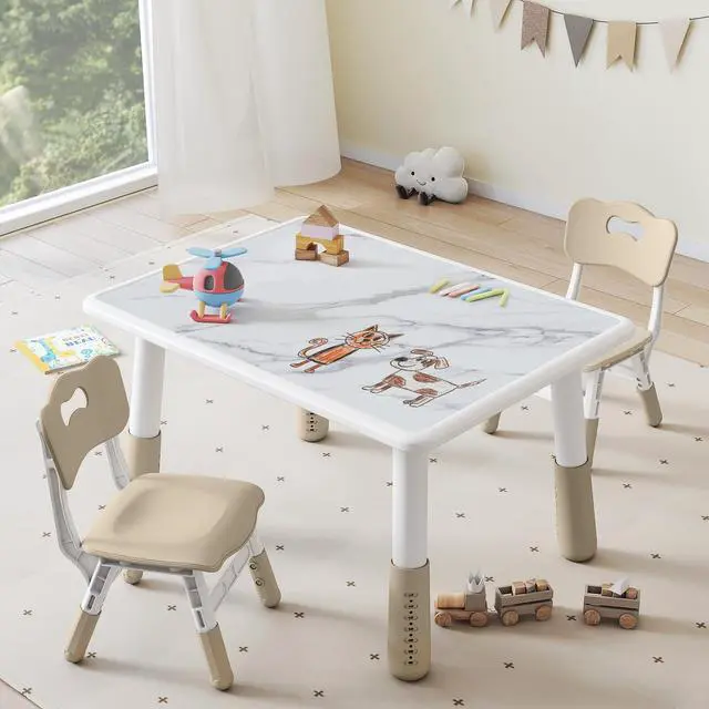 Main image of Toddler Table and 2 Chairs Set, Height Adjustable Kids Table and Chair Set, 31.5''L x 23.6''W, Marble Pattern & Graffiti Desktop, Children Multi-Activity Table for Home/Daycare/Classroom