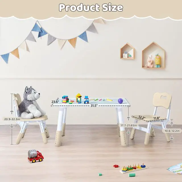 Alt view image 2 of 6 - Toddler Table and 2 Chairs Set, Height Adjustable Kids Table and Chair Set, 31.5''L x 23.6''W, Marble Pattern & Graffiti Desktop, Children Multi-Activity Table for Home/Daycare/Classroom