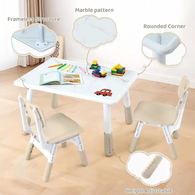 Alt view image 4 of 6 - Toddler Table and 2 Chairs Set, Height Adjustable Kids Table and Chair Set, 31.5''L x 23.6''W, Marble Pattern & Graffiti Desktop, Children Multi-Activity Table for Home/Daycare/Classroom