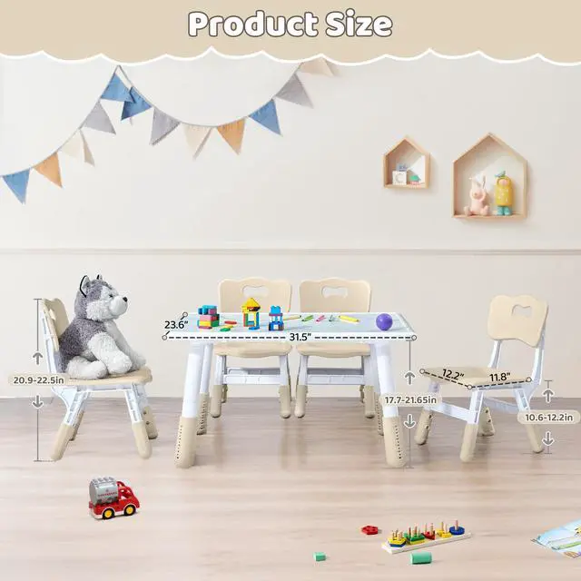 Alt view image 2 of 6 - Toddler Table and 4 Chairs Set, Height Adjustable Kids Table and Chair Set, 31.5''L x 23.6''W, Marble Pattern & Graffiti Desktop, Children Multi-Activity Table for Home/Daycare/Classroom