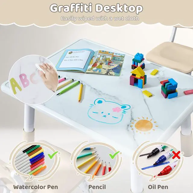 Alt view image 3 of 6 - Toddler Table and 4 Chairs Set, Height Adjustable Kids Table and Chair Set, 31.5''L x 23.6''W, Marble Pattern & Graffiti Desktop, Children Multi-Activity Table for Home/Daycare/Classroom