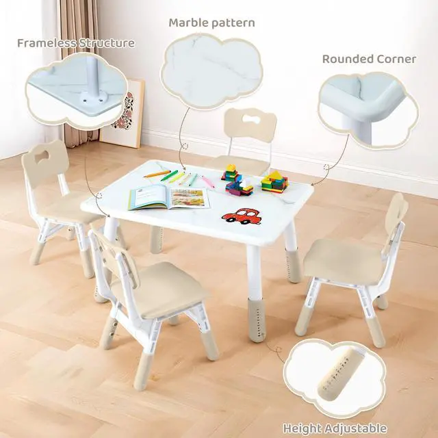 Alt view image 4 of 6 - Toddler Table and 4 Chairs Set, Height Adjustable Kids Table and Chair Set, 31.5''L x 23.6''W, Marble Pattern & Graffiti Desktop, Children Multi-Activity Table for Home/Daycare/Classroom