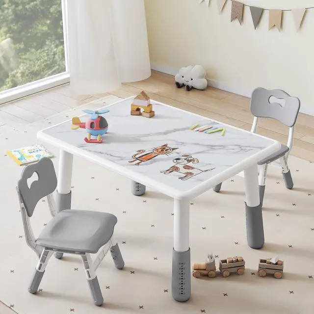 Main image of Toddler Table and 2 Chairs Set, Height Adjustable Kids Table and Chair Set, 31.5''L x 23.6''W, Marble Pattern & Graffiti Desktop, Children Multi-Activity Table for Home/Daycare/Classroom