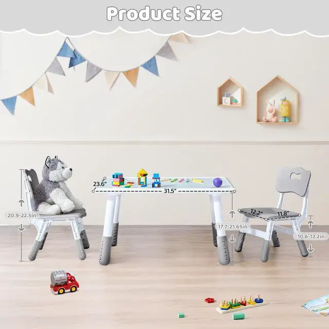Alt view image 2 of 6 - Toddler Table and 2 Chairs Set, Height Adjustable Kids Table and Chair Set, 31.5''L x 23.6''W, Marble Pattern & Graffiti Desktop, Children Multi-Activity Table for Home/Daycare/Classroom