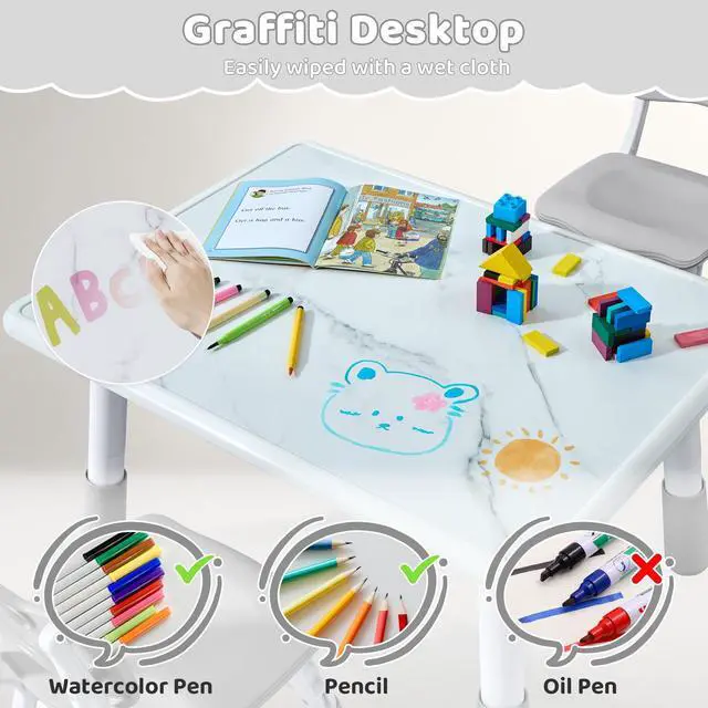 Alt view image 3 of 6 - Toddler Table and 2 Chairs Set, Height Adjustable Kids Table and Chair Set, 31.5''L x 23.6''W, Marble Pattern & Graffiti Desktop, Children Multi-Activity Table for Home/Daycare/Classroom