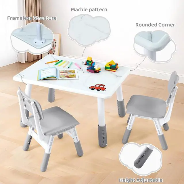 Alt view image 4 of 6 - Toddler Table and 2 Chairs Set, Height Adjustable Kids Table and Chair Set, 31.5''L x 23.6''W, Marble Pattern & Graffiti Desktop, Children Multi-Activity Table for Home/Daycare/Classroom