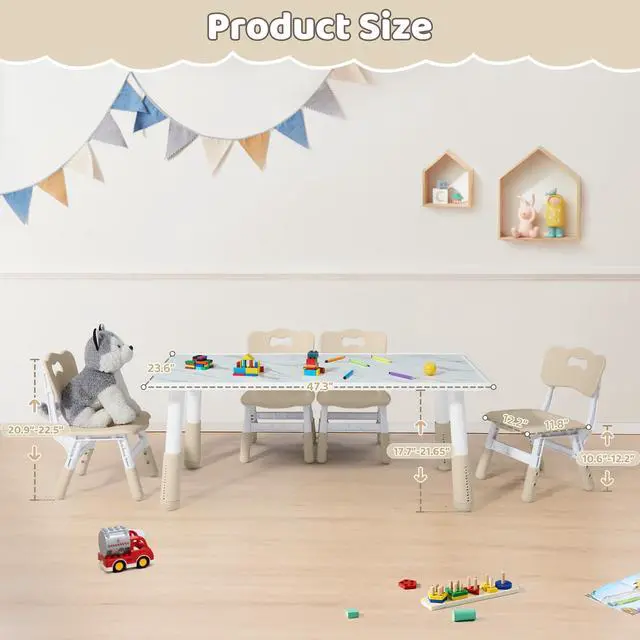Alt view image 2 of 6 - Toddler Table and 4 Chairs Set, Height Adjustable Kids Table and Chairs, 47.2''L x 23.6''W, Marble Pattern & Graffiti Desktop, Children Multi-Activity Table for Home/Daycare/Classroom
