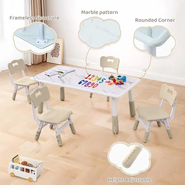 Alt view image 4 of 6 - Toddler Table and 4 Chairs Set, Height Adjustable Kids Table and Chairs, 47.2''L x 23.6''W, Marble Pattern & Graffiti Desktop, Children Multi-Activity Table for Home/Daycare/Classroom