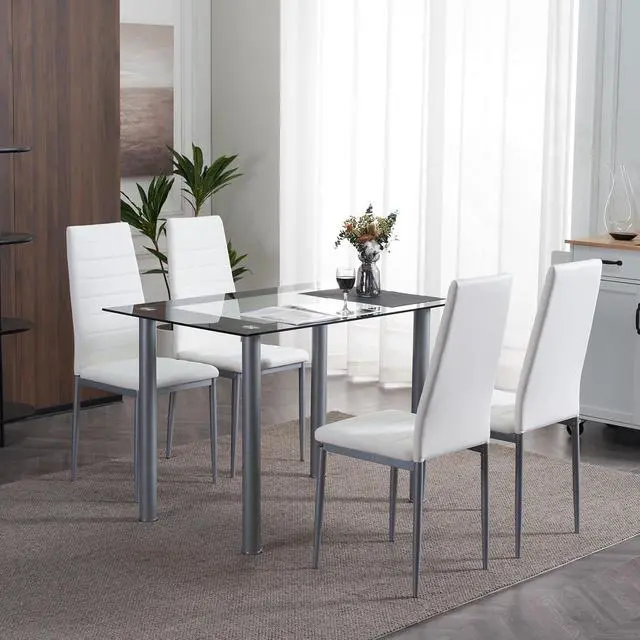 Main image of 5-Piece Dining Table Set with 4 Leather Chairs, Easy Assembly | 4 White PU chairs & 43.3" glass tabletop, space-saving design, for kitchen/breakfast/living room