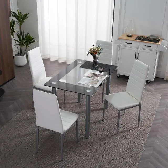 Alt view image 2 of 6 - 5-Piece Dining Table Set with 4 Leather Chairs, Easy Assembly | 4 White PU chairs & 43.3" glass tabletop, space-saving design, for kitchen/breakfast/living room