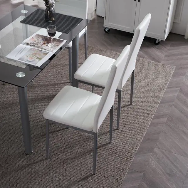 Alt view image 3 of 6 - 5-Piece Dining Table Set with 4 Leather Chairs, Easy Assembly | 4 White PU chairs & 43.3" glass tabletop, space-saving design, for kitchen/breakfast/living room