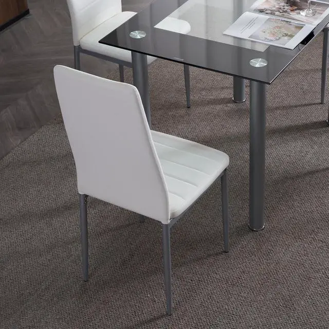 Alt view image 4 of 6 - 5-Piece Dining Table Set with 4 Leather Chairs, Easy Assembly | 4 White PU chairs & 43.3" glass tabletop, space-saving design, for kitchen/breakfast/living room