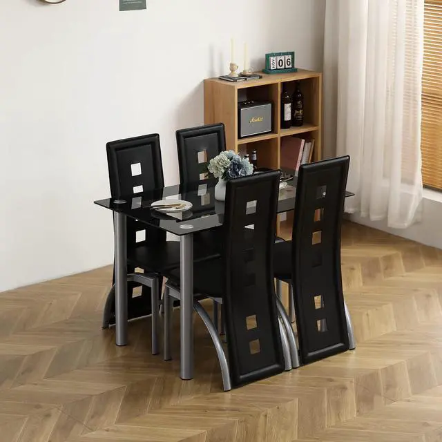 Alt view image 5 of 6 - 5-Piece Glass Dining Table Set with 4 PVC Chairs, Easy Assembly | 43.3" glass tabletop, 4 PVC chairs, modern design, space-saving, for kitchen/breakfast/living room, black