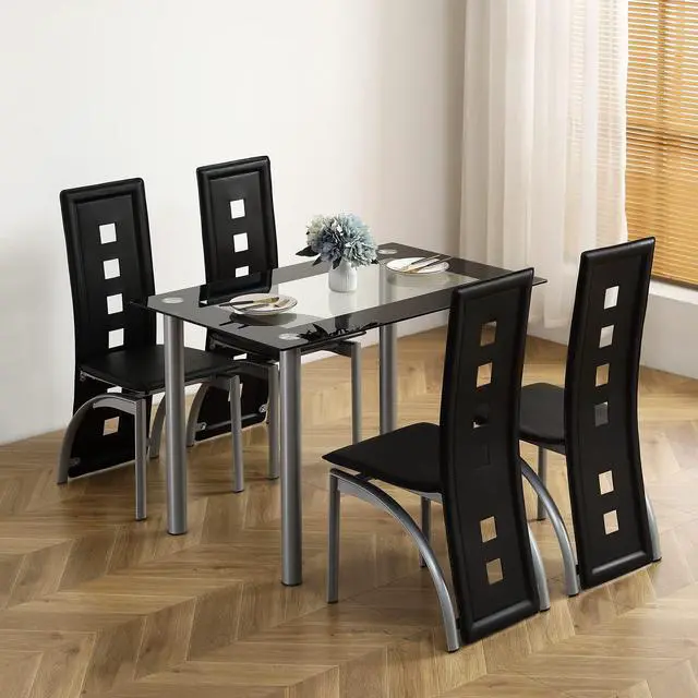 Alt view image 6 of 6 - 5-Piece Glass Dining Table Set with 4 PVC Chairs, Easy Assembly | 43.3" glass tabletop, 4 PVC chairs, modern design, space-saving, for kitchen/breakfast/living room, black