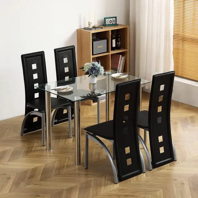 Main image of Glass Dining Table Set for 4, PVC Chairs,Silver Leg,Easy Assembly | Glass tabletop, 4 PVC chairs, space-saving, high back for long seating, for kitchen/breakfast/dining/living room