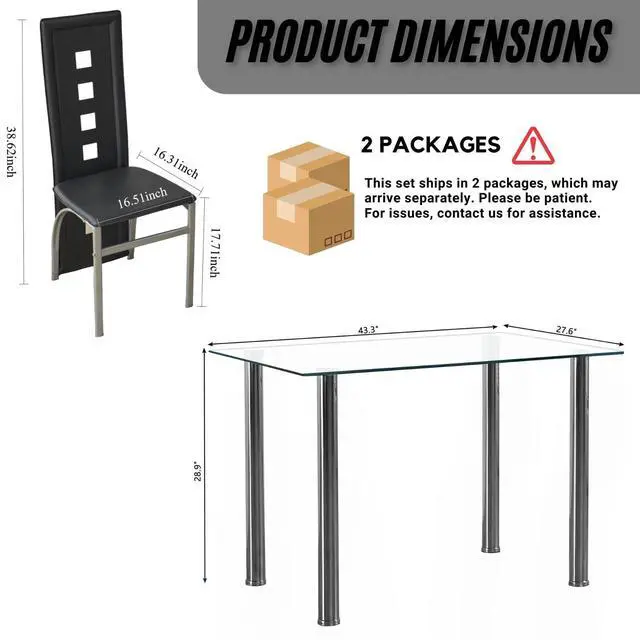 Alt view image 2 of 6 - Glass Dining Table Set for 4, PVC Chairs,Silver Leg,Easy Assembly | Glass tabletop, 4 PVC chairs, space-saving, high back for long seating, for kitchen/breakfast/dining/living room
