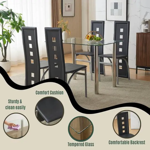 Alt view image 3 of 6 - Glass Dining Table Set for 4, PVC Chairs,Silver Leg,Easy Assembly | Glass tabletop, 4 PVC chairs, space-saving, high back for long seating, for kitchen/breakfast/dining/living room
