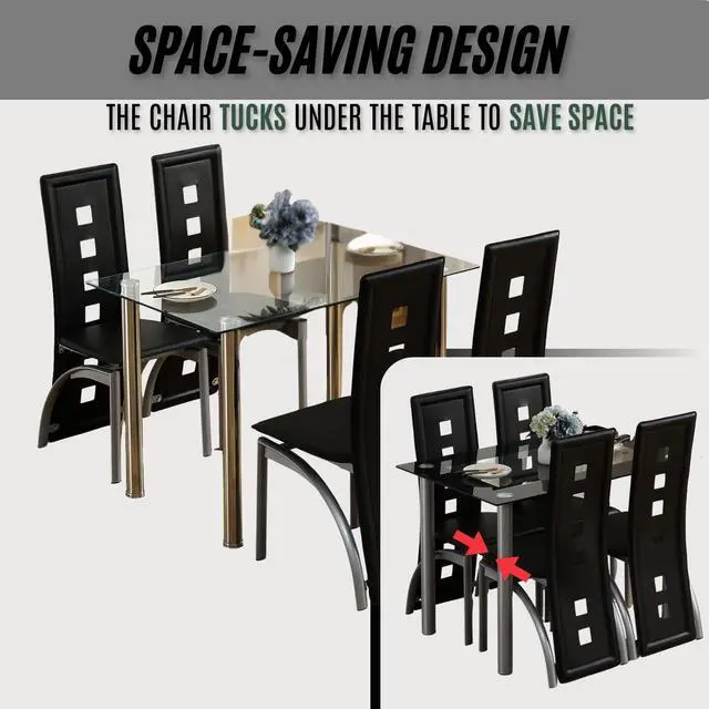 Alt view image 4 of 6 - Glass Dining Table Set for 4, PVC Chairs,Silver Leg,Easy Assembly | Glass tabletop, 4 PVC chairs, space-saving, high back for long seating, for kitchen/breakfast/dining/living room