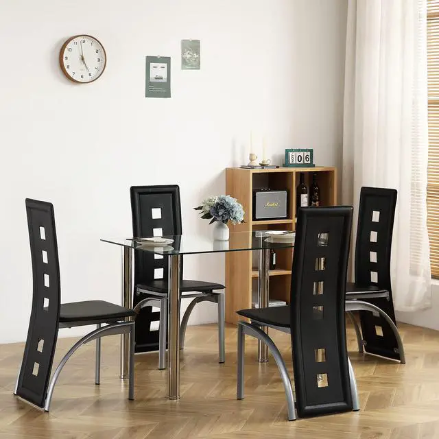 Alt view image 5 of 6 - Glass Dining Table Set for 4, PVC Chairs,Silver Leg,Easy Assembly | Glass tabletop, 4 PVC chairs, space-saving, high back for long seating, for kitchen/breakfast/dining/living room