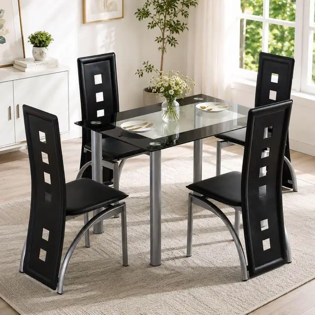 Main image of 5-Piece Dining Table Set with 1 Glass Dining Table and 4 PVC Chairs, Modern Dining Table Set for Kitchen & Breakfast Dining Living Room, Space Saving