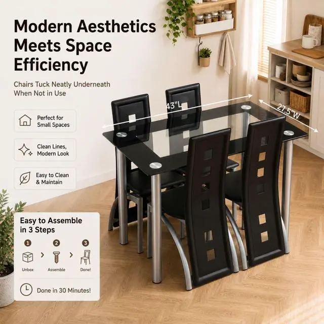 Alt view image 4 of 6 - 5-Piece Dining Table Set with 1 Glass Dining Table and 4 PVC Chairs, Modern Dining Table Set for Kitchen & Breakfast Dining Living Room, Space Saving