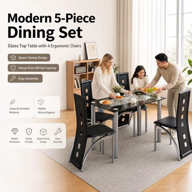 Alt view image 6 of 6 - 5-Piece Dining Table Set with 1 Glass Dining Table and 4 PVC Chairs, Modern Dining Table Set for Kitchen & Breakfast Dining Living Room, Space Saving