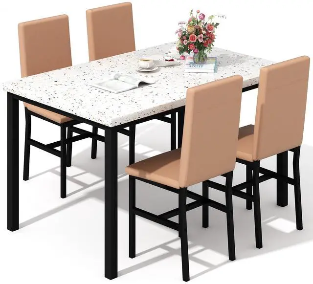 Main image of 5 Piece Dining Table Set for 4, Small Faux Marble Kitchen Table with 4 PU Leather Chairs, Modern Dining Room Table Set for Small Space, Breakfast Nook, Dinette