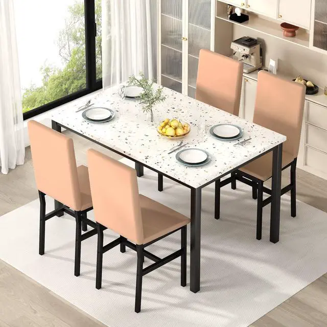 Alt view image 2 of 6 - 5 Piece Dining Table Set for 4, Small Faux Marble Kitchen Table with 4 PU Leather Chairs, Modern Dining Room Table Set for Small Space, Breakfast Nook, Dinette