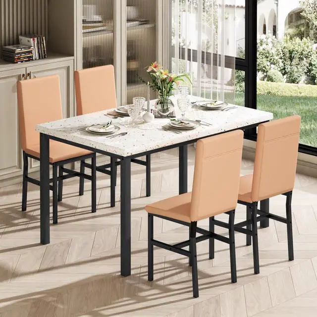 Alt view image 3 of 6 - 5 Piece Dining Table Set for 4, Small Faux Marble Kitchen Table with 4 PU Leather Chairs, Modern Dining Room Table Set for Small Space, Breakfast Nook, Dinette
