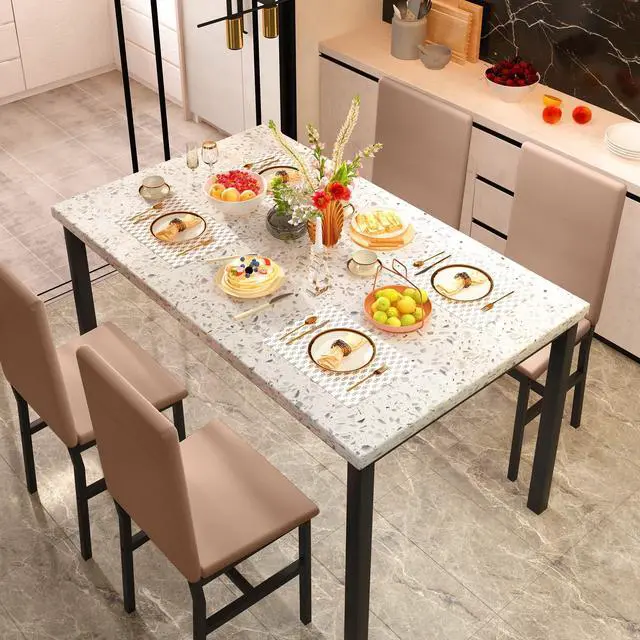 Alt view image 4 of 6 - 5 Piece Dining Table Set for 4, Small Faux Marble Kitchen Table with 4 PU Leather Chairs, Modern Dining Room Table Set for Small Space, Breakfast Nook, Dinette