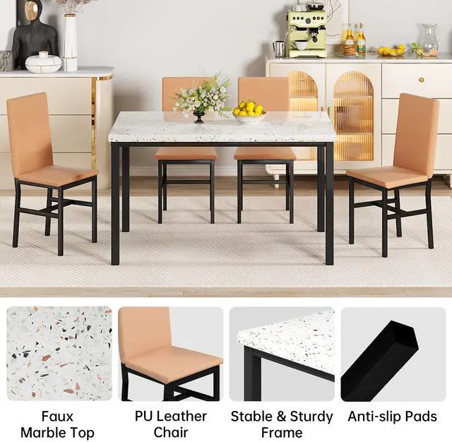 Alt view image 5 of 6 - 5 Piece Dining Table Set for 4, Small Faux Marble Kitchen Table with 4 PU Leather Chairs, Modern Dining Room Table Set for Small Space, Breakfast Nook, Dinette