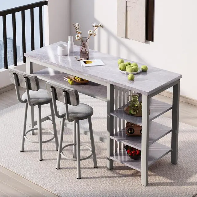 Alt view image 2 of 6 - Furniture Kitchen Bar Height Table and Chairs for 2, 5-Tier Compact Dining Room Table, Gray Top and 2 PU Leather Upholstered Seat Black Frame, Modern Dining Set for Home & Office