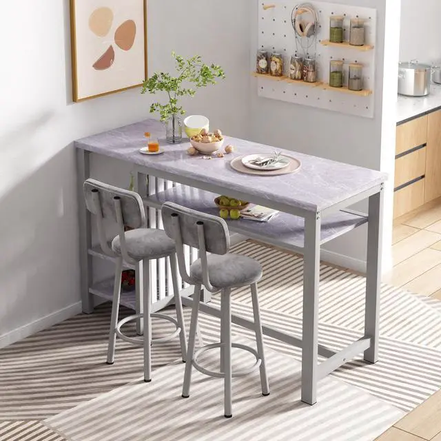 Alt view image 3 of 6 - Furniture Kitchen Bar Height Table and Chairs for 2, 5-Tier Compact Dining Room Table, Gray Top and 2 PU Leather Upholstered Seat Black Frame, Modern Dining Set for Home & Office