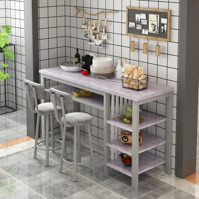 Alt view image 4 of 6 - Furniture Kitchen Bar Height Table and Chairs for 2, 5-Tier Compact Dining Room Table, Gray Top and 2 PU Leather Upholstered Seat Black Frame, Modern Dining Set for Home & Office