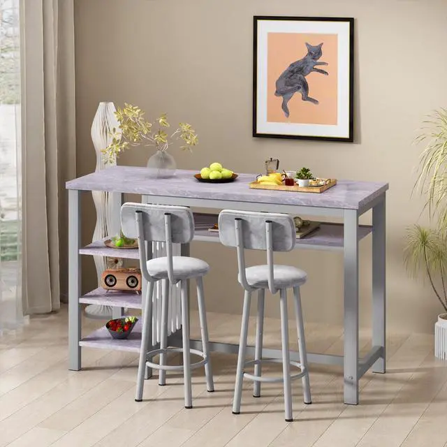 Alt view image 5 of 6 - Furniture Kitchen Bar Height Table and Chairs for 2, 5-Tier Compact Dining Room Table, Gray Top and 2 PU Leather Upholstered Seat Black Frame, Modern Dining Set for Home & Office