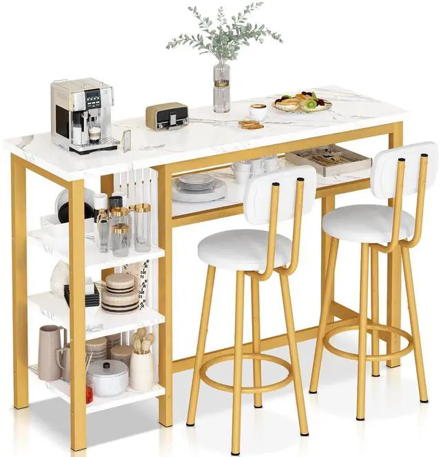 Main image of Furniture Kitchen Bar Height Table and Chairs for 2, 5-Tier Compact Dining Room Table, White Faux Marble Top and 2 PU Leather Upholstered Seat, Modern Diningroom Set for Home/Studio/Office