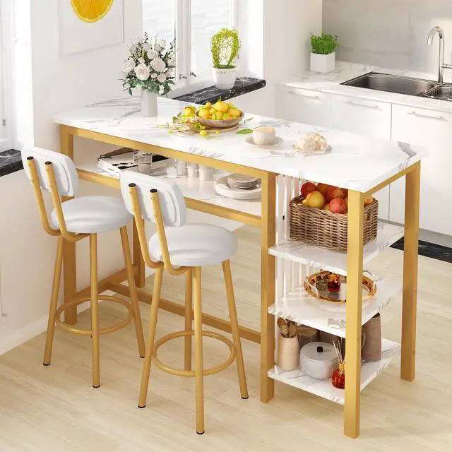 Alt view image 2 of 6 - Furniture Kitchen Bar Height Table and Chairs for 2, 5-Tier Compact Dining Room Table, White Faux Marble Top and 2 PU Leather Upholstered Seat, Modern Diningroom Set for Home/Studio/Office