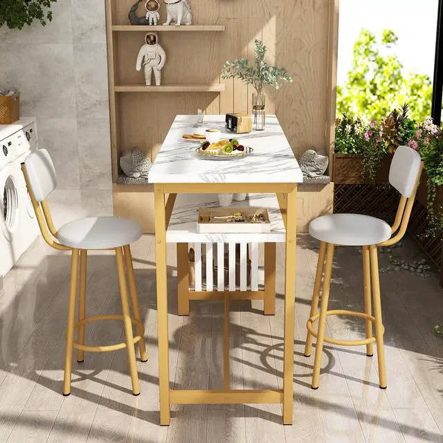 Alt view image 3 of 6 - Furniture Kitchen Bar Height Table and Chairs for 2, 5-Tier Compact Dining Room Table, White Faux Marble Top and 2 PU Leather Upholstered Seat, Modern Diningroom Set for Home/Studio/Office