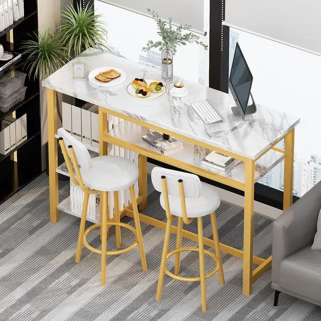 Alt view image 4 of 6 - Furniture Kitchen Bar Height Table and Chairs for 2, 5-Tier Compact Dining Room Table, White Faux Marble Top and 2 PU Leather Upholstered Seat, Modern Diningroom Set for Home/Studio/Office