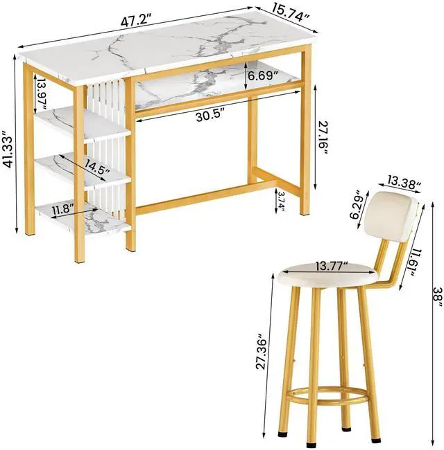 Alt view image 5 of 6 - Furniture Kitchen Bar Height Table and Chairs for 2, 5-Tier Compact Dining Room Table, White Faux Marble Top and 2 PU Leather Upholstered Seat, Modern Diningroom Set for Home/Studio/Office
