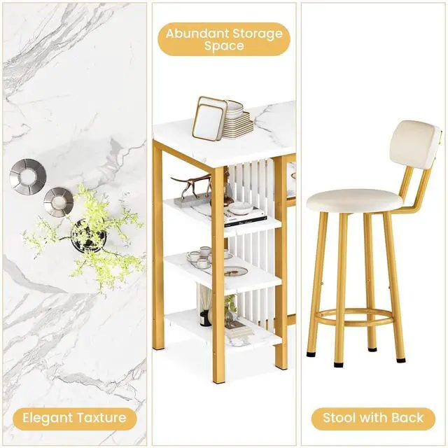 Alt view image 6 of 6 - Furniture Kitchen Bar Height Table and Chairs for 2, 5-Tier Compact Dining Room Table, White Faux Marble Top and 2 PU Leather Upholstered Seat, Modern Diningroom Set for Home/Studio/Office